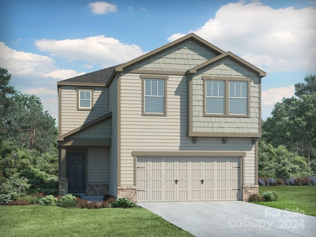 craftsman-style house with a garage and a front lawn