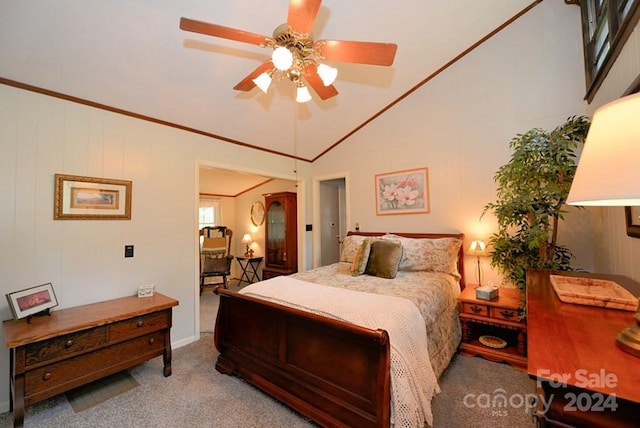 bedroom featuring ceiling fan, carpet, and crown molding