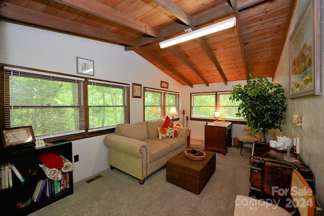 carpeted living room featuring a wealth of natural light, wood ceiling, and vaulted ceiling with beams