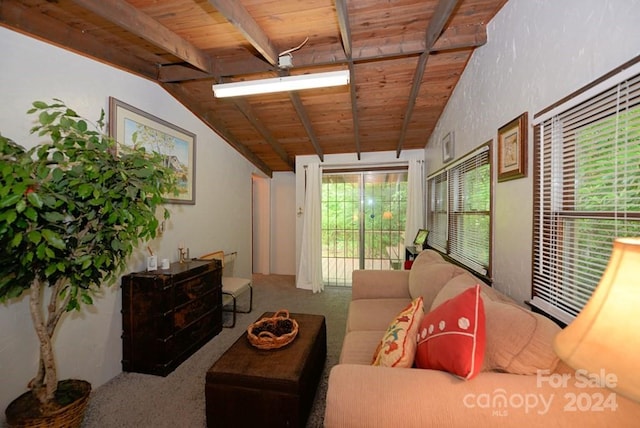 living room featuring wooden ceiling, vaulted ceiling with beams, and carpet floors