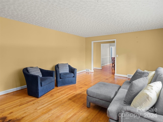 living room featuring a textured ceiling and wood-type flooring