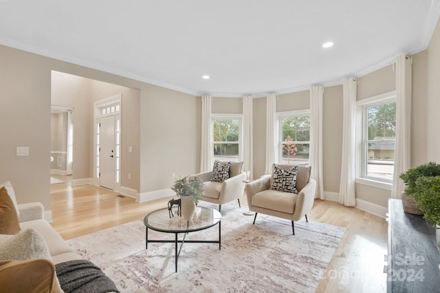 living room featuring light hardwood / wood-style flooring and crown molding