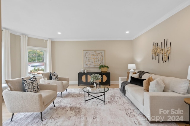 living room featuring light hardwood / wood-style floors and crown molding