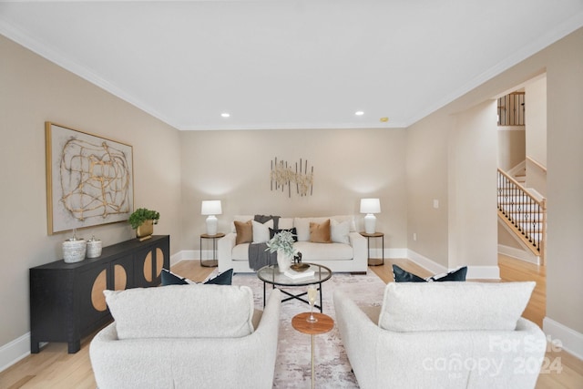 4023 Randolph Rd, Charlotte, NC 28211 - living area featuring stairs, crown molding, light wood-style flooring, baseboards, and recessed lighting
