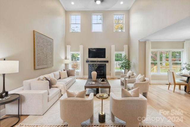 living room featuring a high ceiling and light hardwood / wood-style flooring