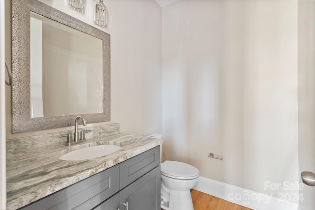 bathroom with hardwood / wood-style floors, vanity, and toilet