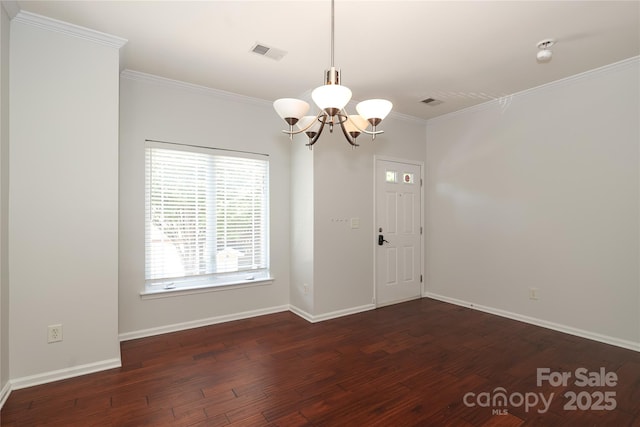 entryway featuring ornamental molding, dark wood finished floors, visible vents, and baseboards