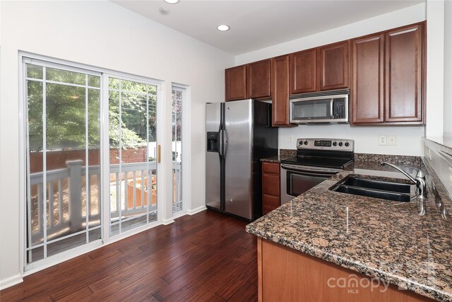 kitchen featuring dark wood-style floors, stainless steel appliances, dark stone countertops, and a sink
