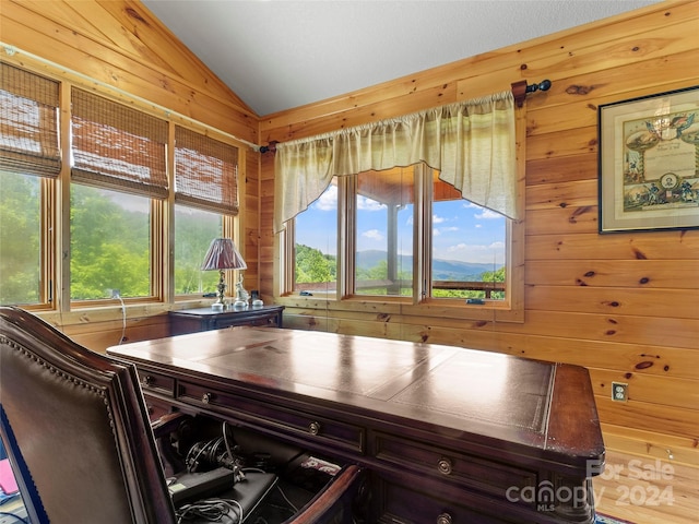 interior space with lofted ceiling, dark brown cabinets, and wood walls