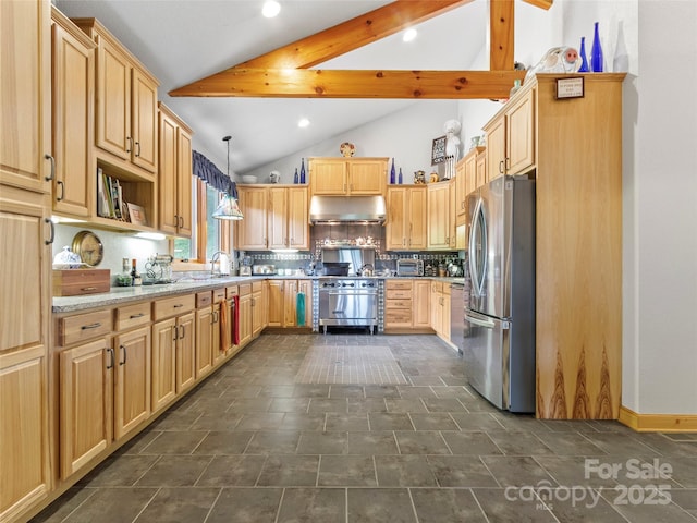 kitchen with stainless steel appliances, vaulted ceiling with beams, under cabinet range hood, and light brown cabinetry