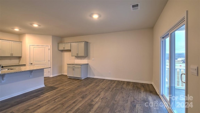 kitchen with gray cabinets, light stone counters, dark hardwood / wood-style flooring, and sink