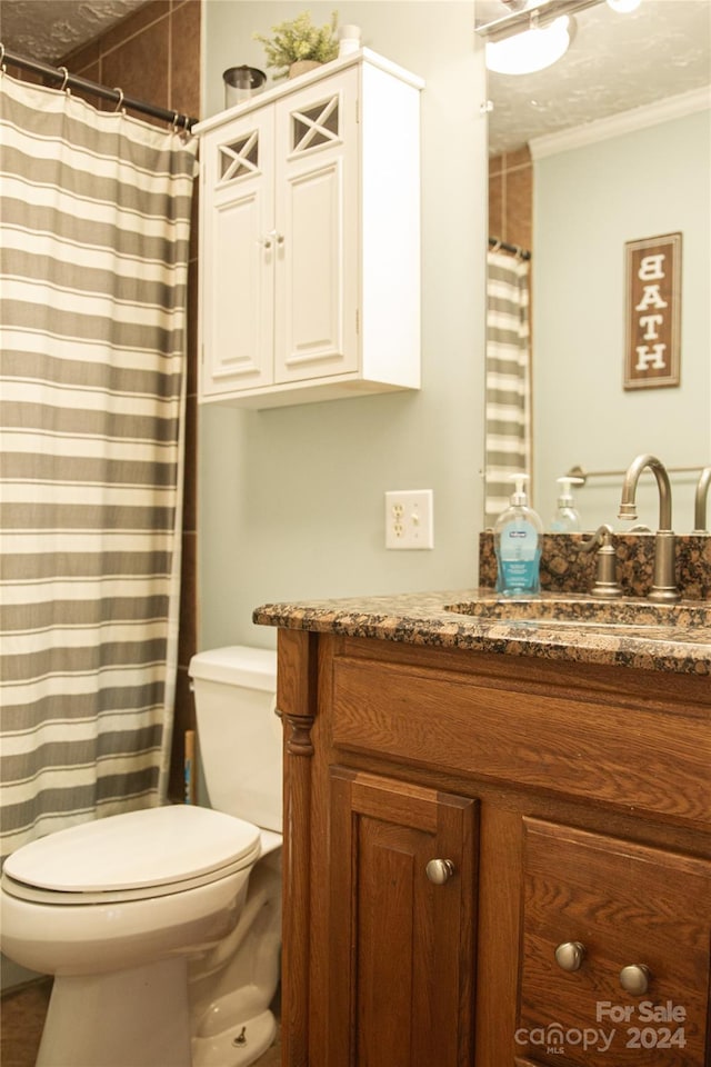 bathroom featuring toilet, a textured ceiling, crown molding, and vanity