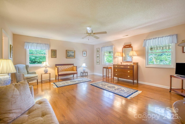 living room with light hardwood / wood-style floors, plenty of natural light, and a textured ceiling