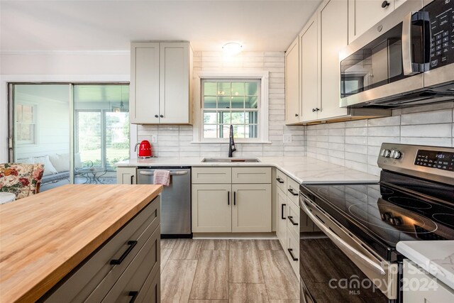 kitchen featuring stainless steel appliances, butcher block countertops, sink, and a healthy amount of sunlight