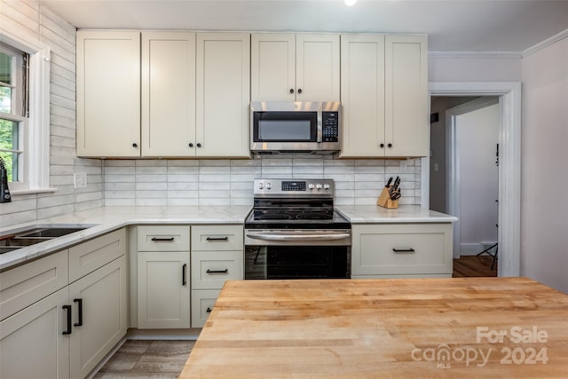 kitchen featuring stainless steel appliances, butcher block counters, tasteful backsplash, and sink