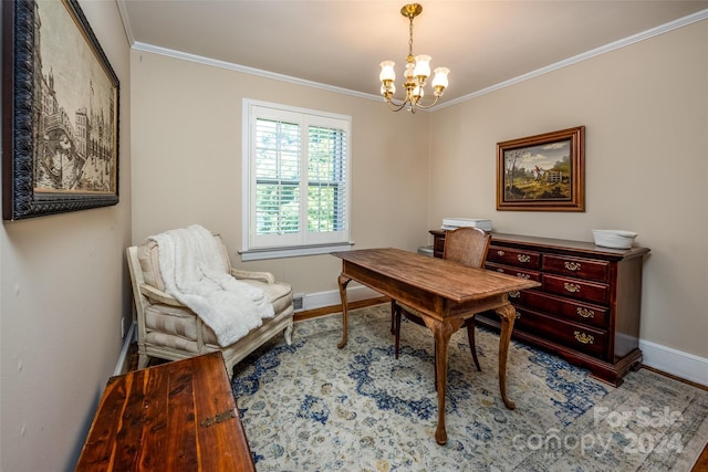 office area featuring wood-type flooring, ornamental molding, and an inviting chandelier