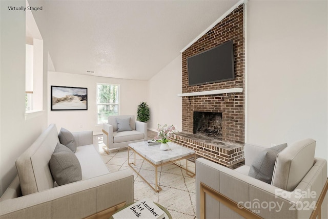 tiled living room featuring vaulted ceiling and a brick fireplace