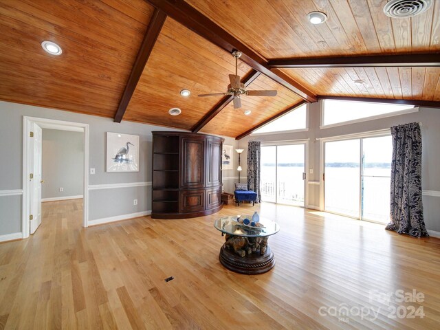 unfurnished living room featuring wooden ceiling, lofted ceiling with beams, ceiling fan, and light hardwood / wood-style flooring