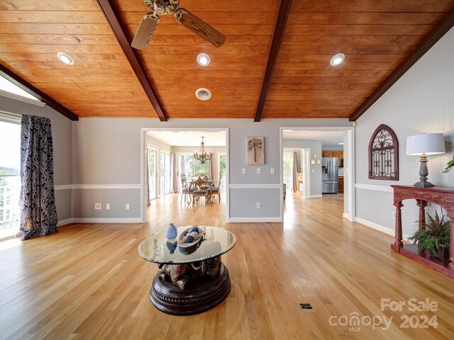 unfurnished living room with vaulted ceiling with beams, hardwood / wood-style floors, and wooden ceiling