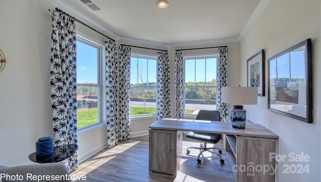 office featuring a healthy amount of sunlight, wood-type flooring, and ornamental molding