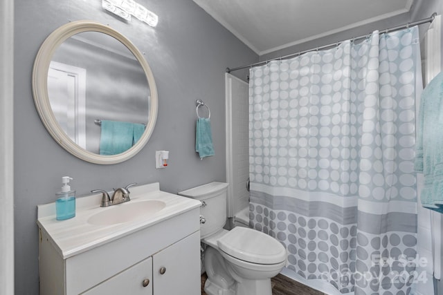 bathroom with hardwood / wood-style flooring, vanity, toilet, and ornamental molding