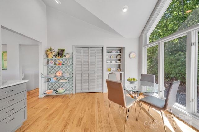 dining area with high vaulted ceiling and light hardwood / wood-style flooring