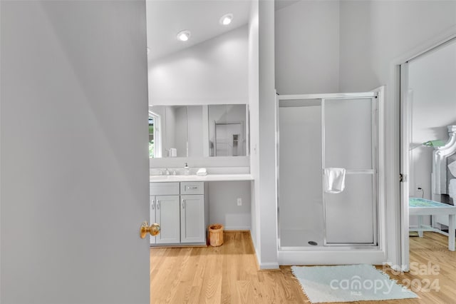 bathroom with vanity, an enclosed shower, and wood-type flooring