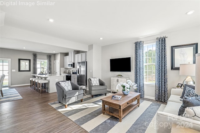 living area with recessed lighting, baseboards, and wood finished floors