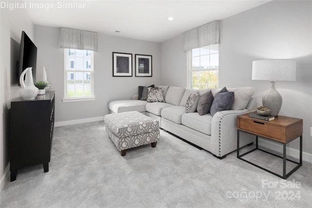 carpeted living room with recessed lighting, baseboards, and a healthy amount of sunlight