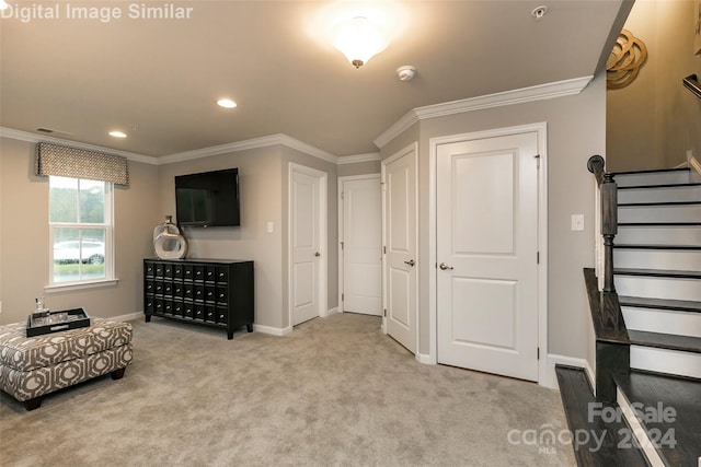 living area featuring baseboards, carpet, mail area, stairs, and ornamental molding