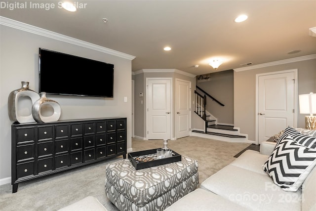 living area featuring carpet flooring, crown molding, stairs, and visible vents