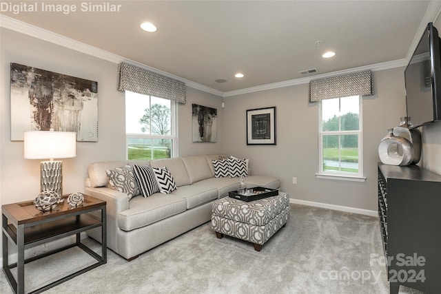 carpeted living area with visible vents, a wealth of natural light, and ornamental molding