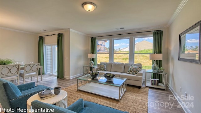 living room featuring ornamental molding and hardwood / wood-style flooring