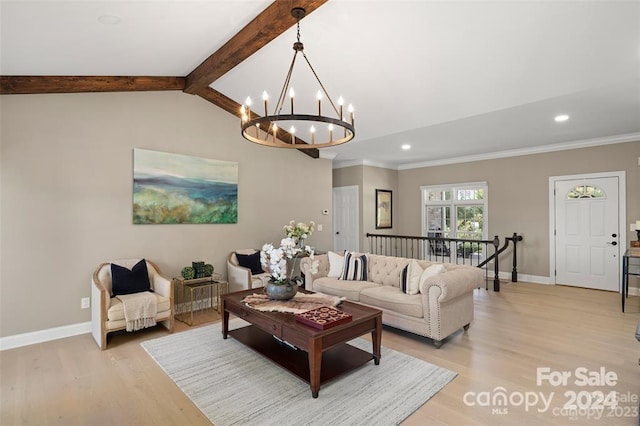 living room featuring vaulted ceiling with beams, a chandelier, crown molding, and light hardwood / wood-style floors