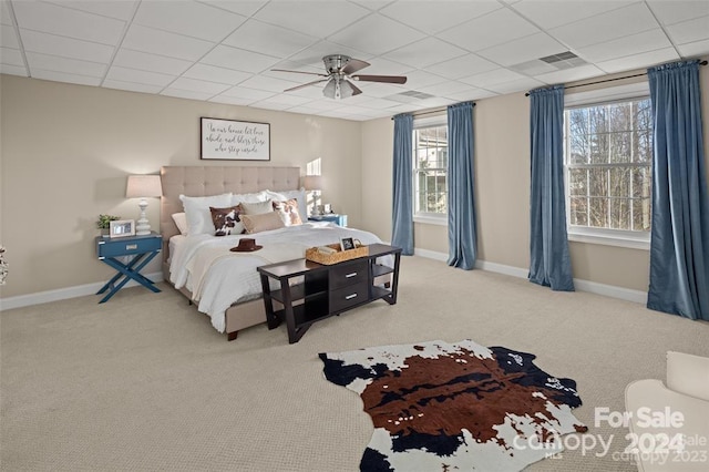 bedroom featuring carpet, a drop ceiling, and ceiling fan