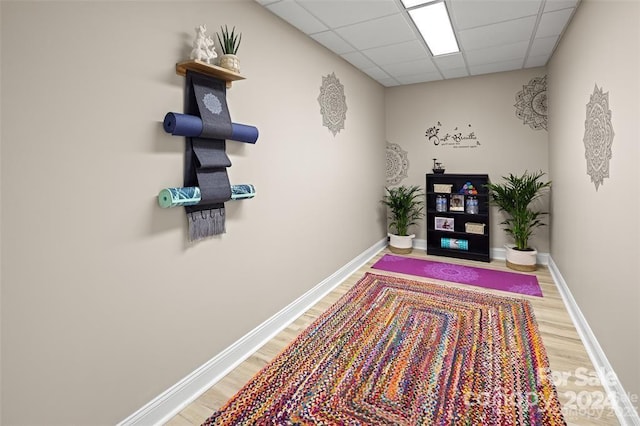 interior space featuring wood-type flooring and a drop ceiling