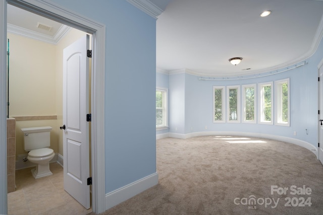 interior space featuring light colored carpet and ornamental molding