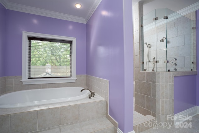 bathroom with tile patterned floors, ornamental molding, and plus walk in shower