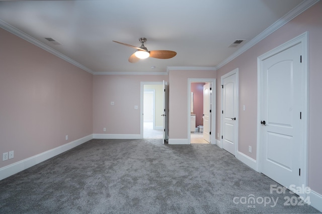 unfurnished bedroom with carpet flooring, ceiling fan, and crown molding