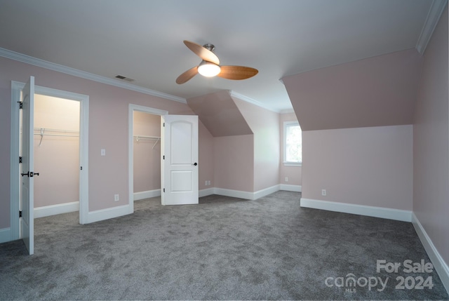 bonus room featuring carpet, ceiling fan, and vaulted ceiling