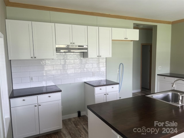 200 Olin Loop, Olin, NC 28660 - kitchen featuring tasteful backsplash, dark wood-type flooring, crown molding, white cabinets, and sink