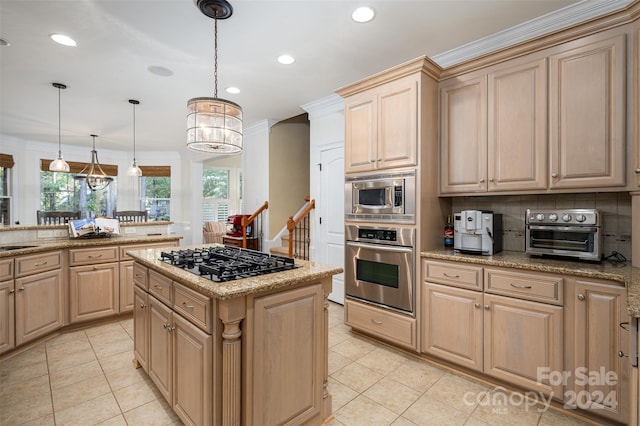 kitchen featuring backsplash, light stone countertops, a kitchen island, light tile patterned floors, and stainless steel appliances