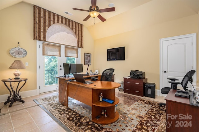 tiled office space with ceiling fan and vaulted ceiling