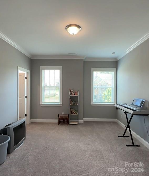 interior space featuring baseboards, ornamental molding, visible vents, and carpet
