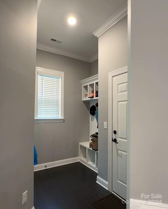 mudroom featuring baseboards, dark wood-style floors, ornamental molding, and visible vents