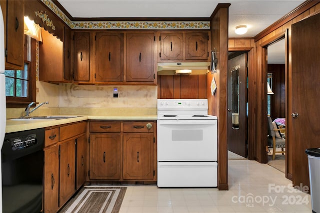 kitchen featuring white range with electric stovetop, dishwasher, ornamental molding, and sink