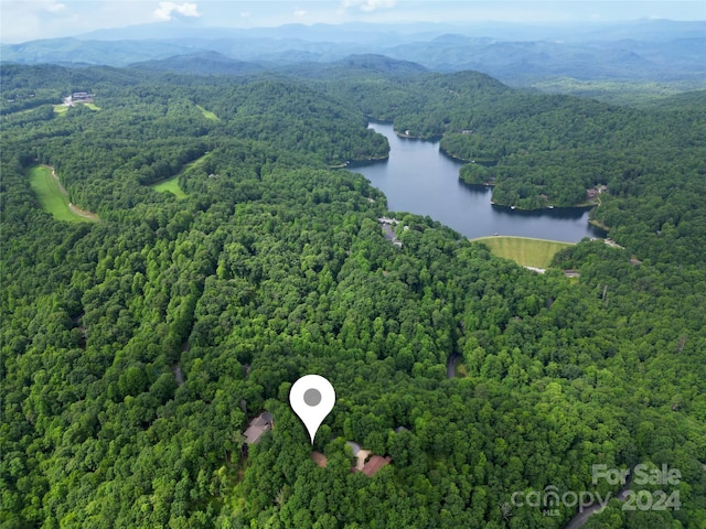 drone / aerial view featuring a forest view and a water and mountain view