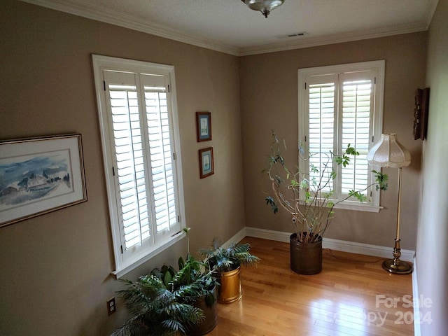 living area featuring light hardwood / wood-style floors and crown molding