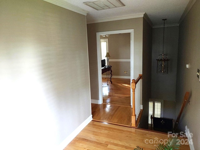 corridor featuring crown molding and hardwood / wood-style flooring