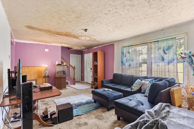 carpeted living room with a textured ceiling